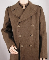 Front close-up of the melton wool overcoat showing the inner retaining button and its corresponding button hole, which was introduced in January 1945.