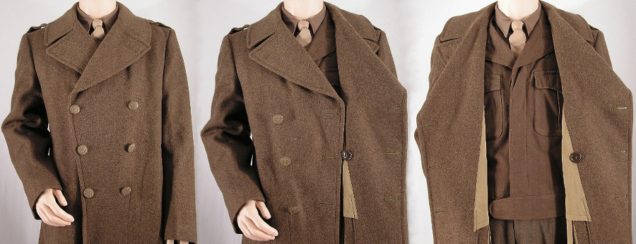 Front close-up of the melton wool overcoat showing the inner retaining button and its corresponding button hole, which was introduced in January 1945.